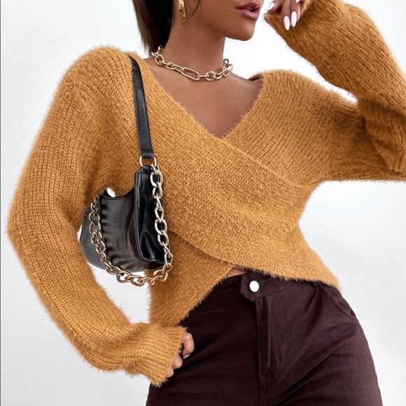 Fashion Nova Sweaters - Cross Wrap Drop Shoulder Fluffy Knit Sweater